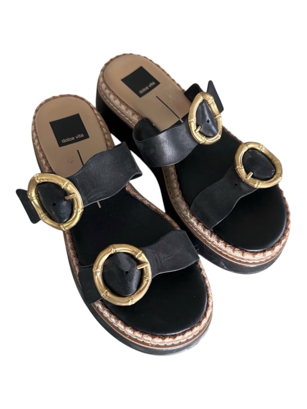Dolce Vita Black Leather Double-Buckle Slide Sandals Platform Wedge Size 8